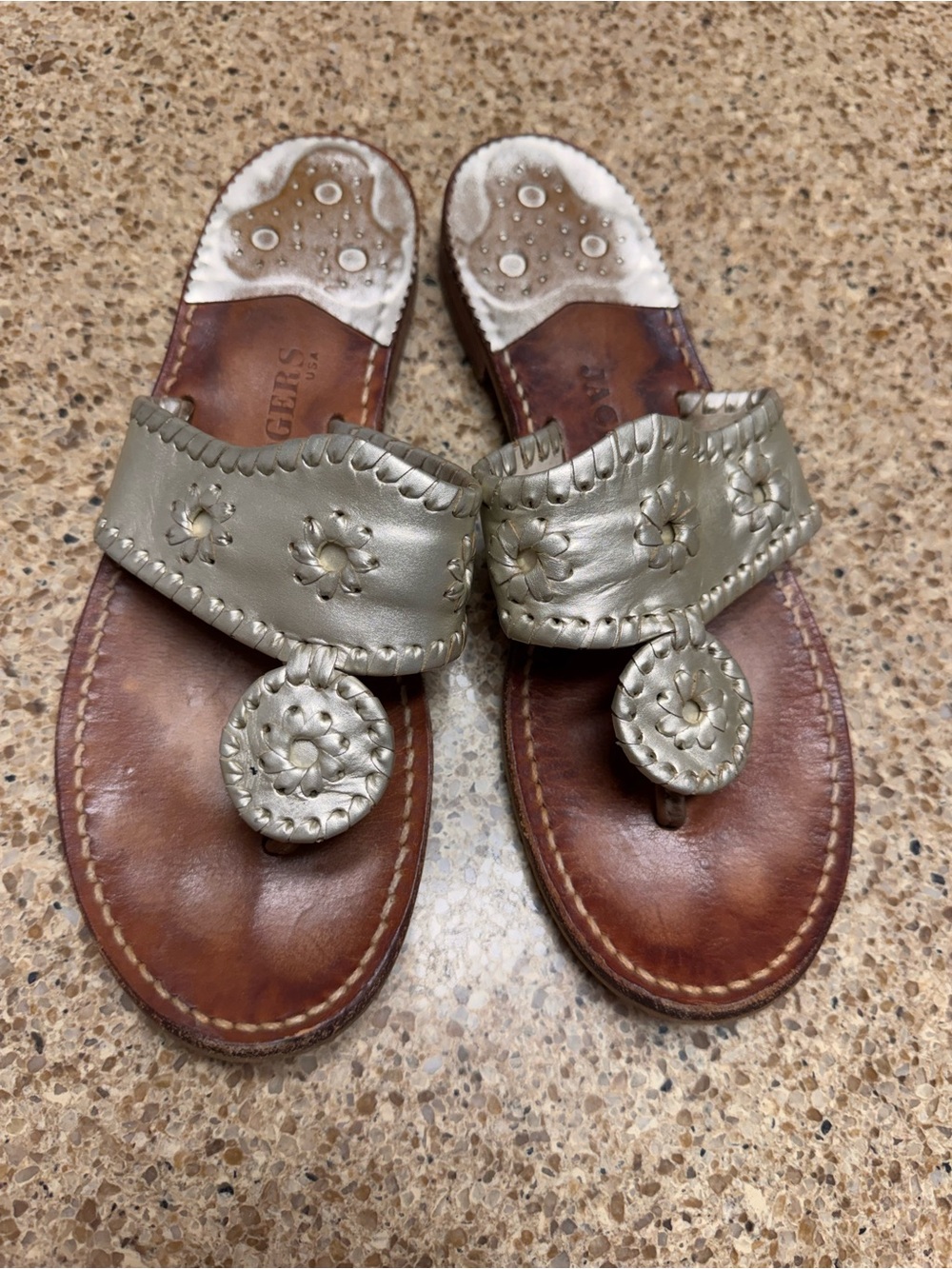 Jack Rogers Metallic Taupe Leather Thong Sandals